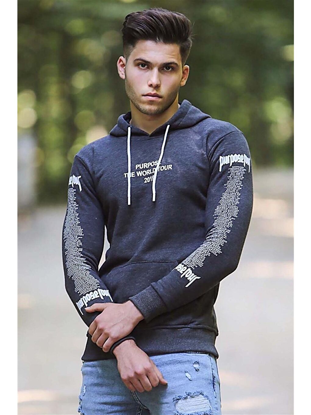 Lacivert Baskılı Kapüşonlu Erkek Hoodie 4197