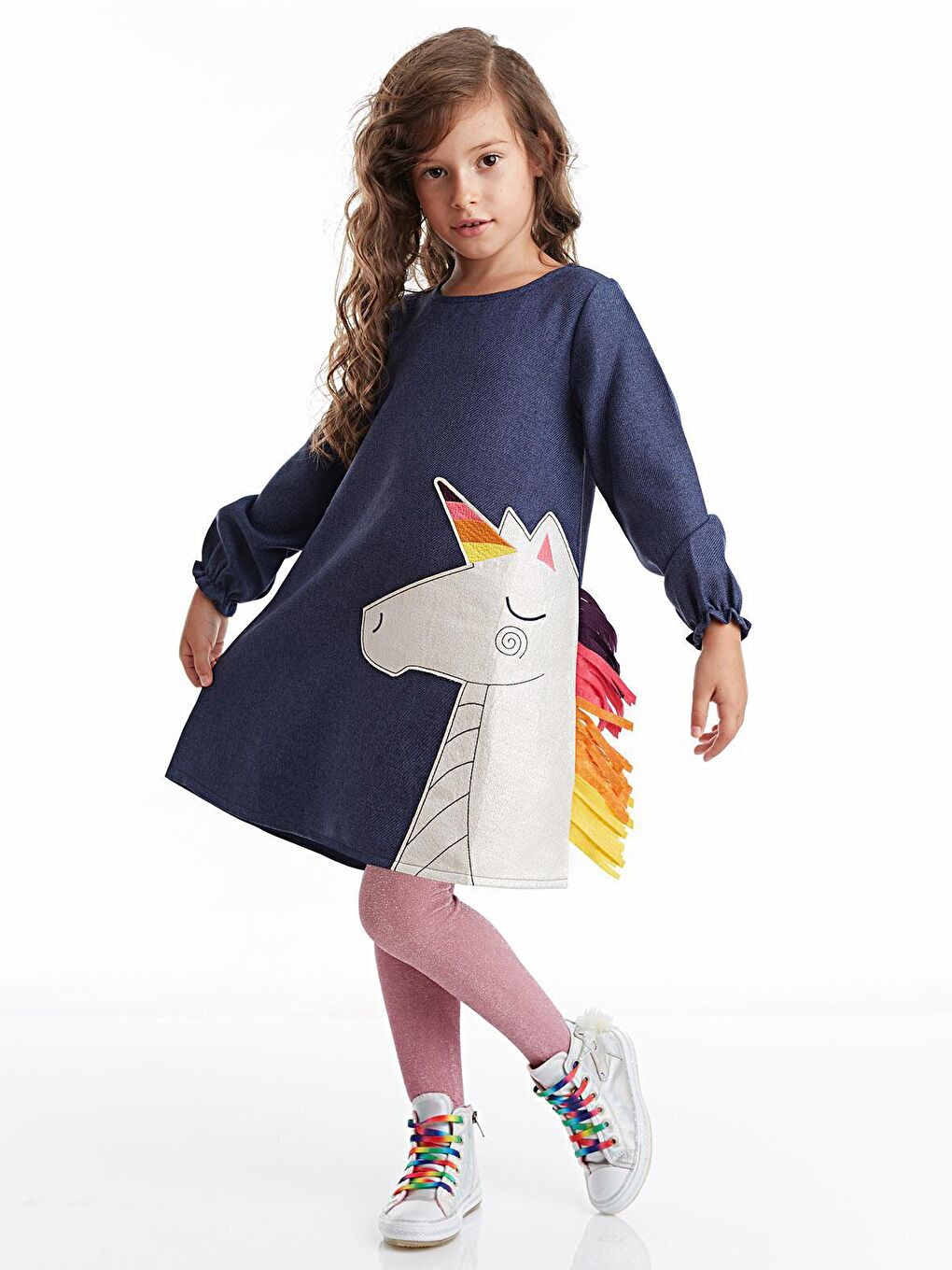 Denokids Karışık Renkli Unicorn Kız Çocuk Dokuma Elbise