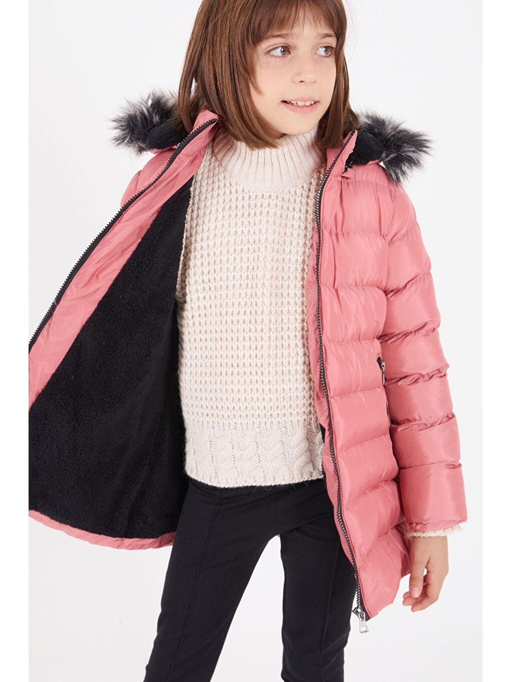 Kız Çocuk Kemerli Şişme Mont Koyu Pembe 16408