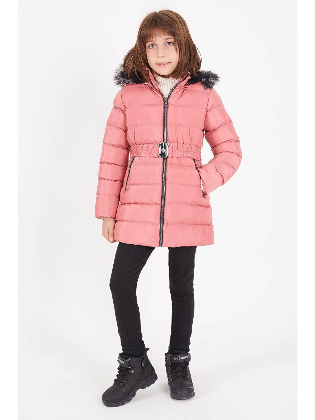 Kız Çocuk Kemerli Şişme Mont Koyu Pembe 16408-1