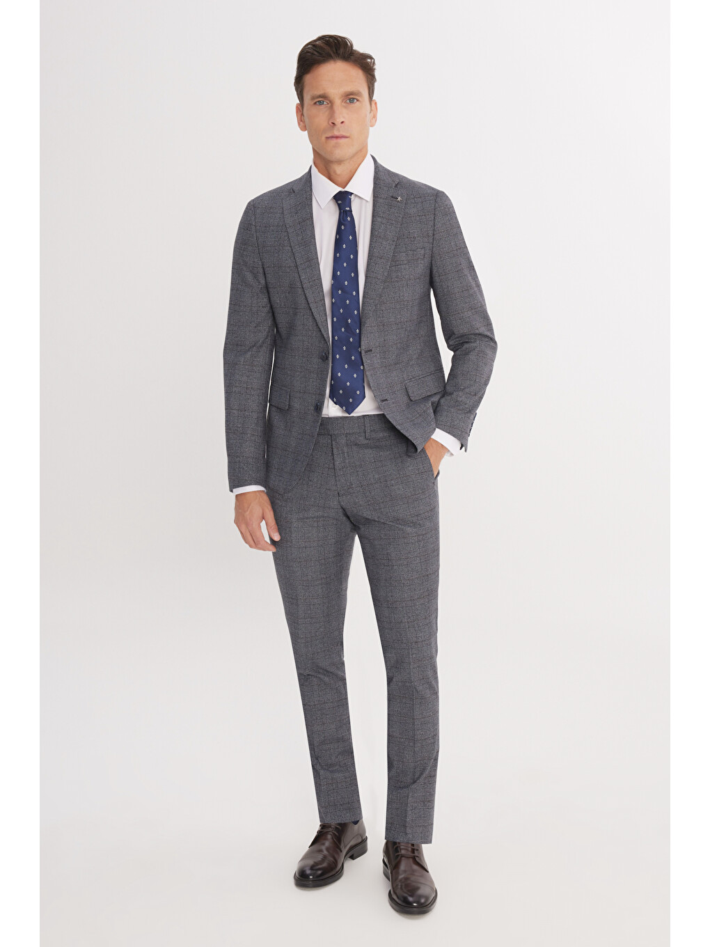 Erkek Gri-Mavi Ekstra Slim Fit Dar Kesim Mono Yaka Kareli Kapak Cepli Takım Elbise-1
