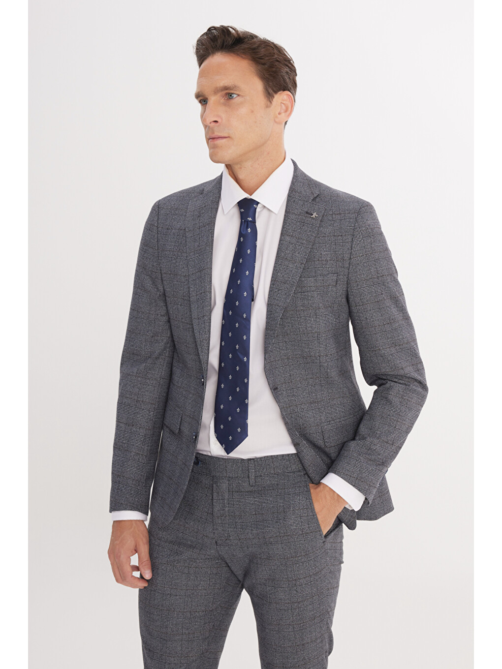 Erkek Gri-Mavi Ekstra Slim Fit Dar Kesim Mono Yaka Kareli Kapak Cepli Takım Elbise-3