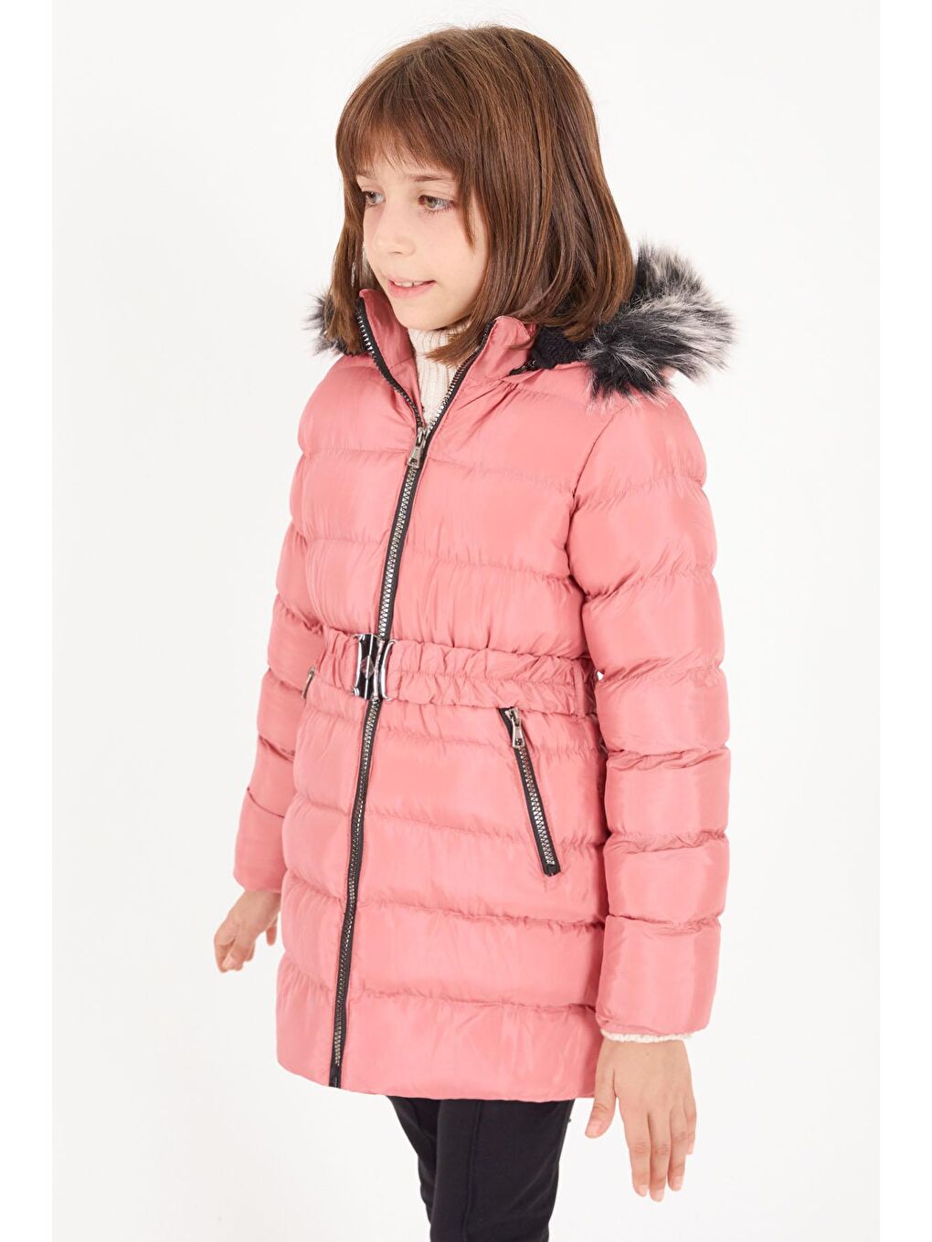 Kız Çocuk Kemerli Şişme Mont Koyu Pembe 16408-3