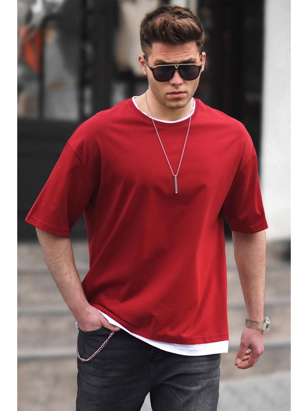 Madmext Oversize Bordo Erkek Tişört 4978