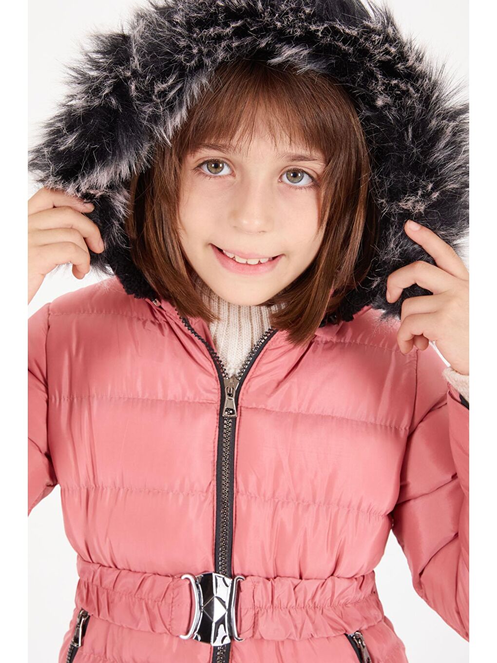 Kız Çocuk Kemerli Şişme Mont Koyu Pembe 16408-4