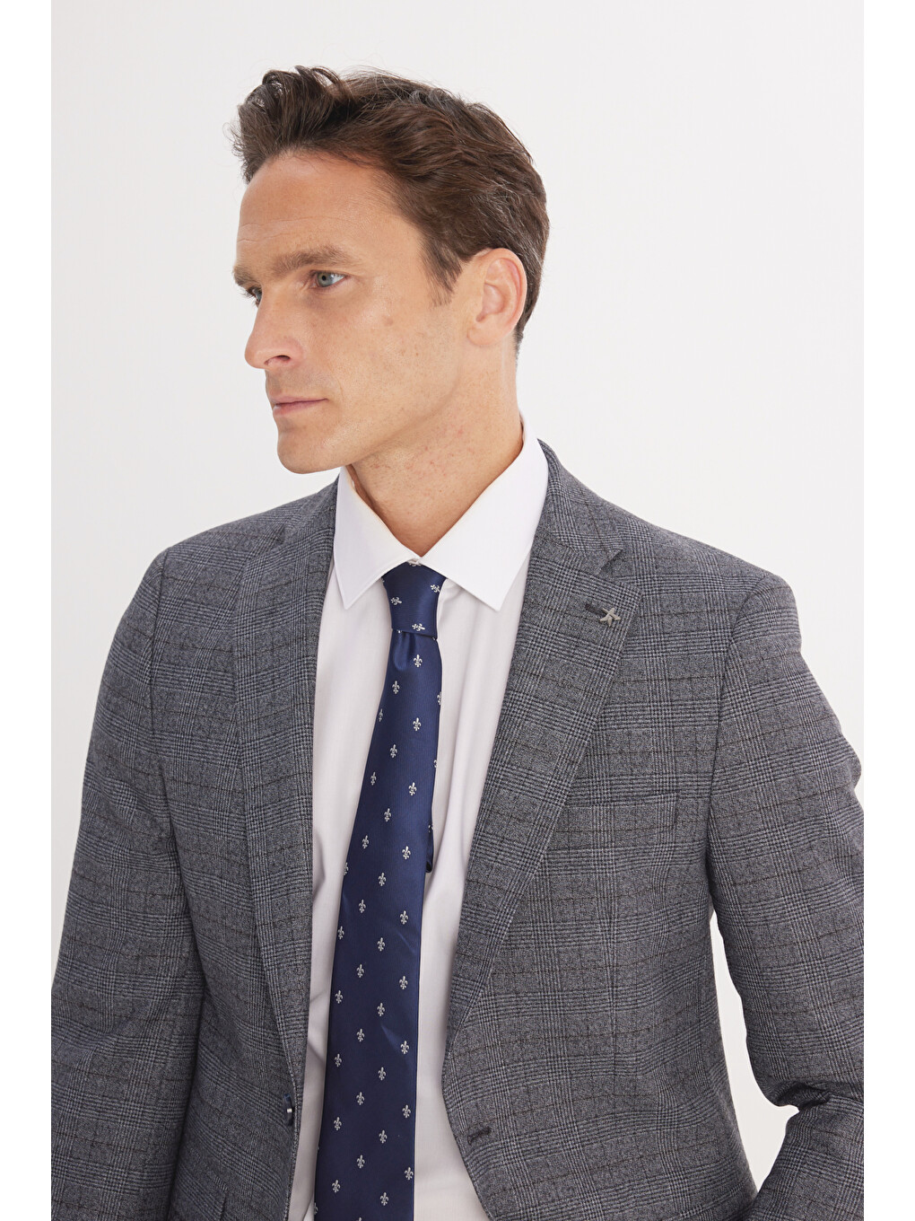 Erkek Gri-Mavi Ekstra Slim Fit Dar Kesim Mono Yaka Kareli Kapak Cepli Takım Elbise-4