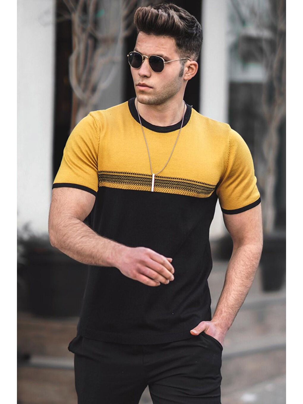 Sarı Erkek Hardal Triko Tişört 5094