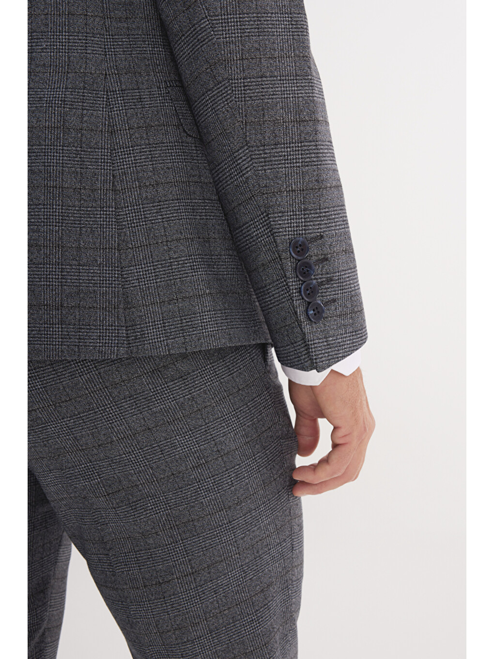 Erkek Gri-Mavi Ekstra Slim Fit Dar Kesim Mono Yaka Kareli Kapak Cepli Takım Elbise-5