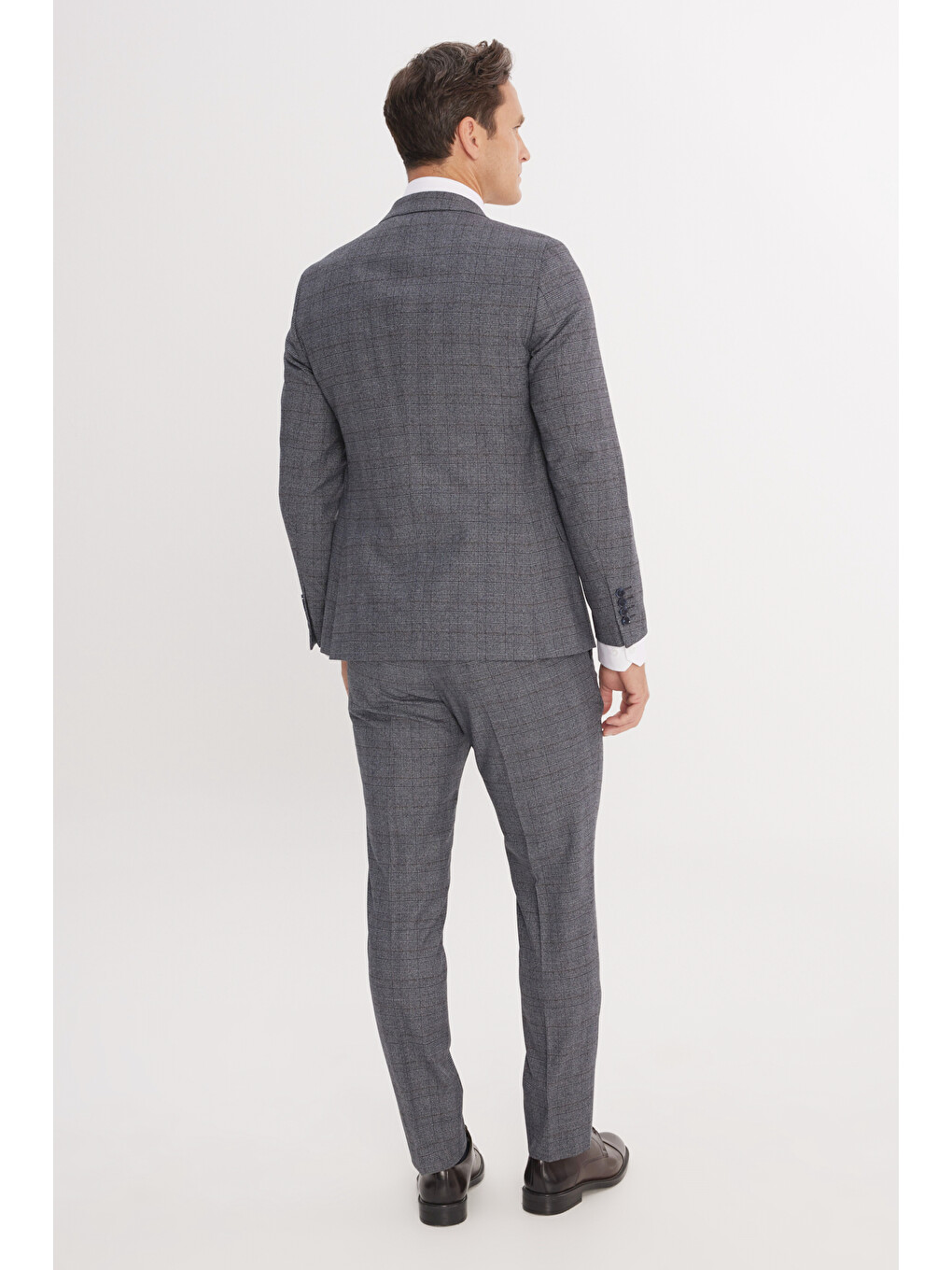 Erkek Gri-Mavi Ekstra Slim Fit Dar Kesim Mono Yaka Kareli Kapak Cepli Takım Elbise-6