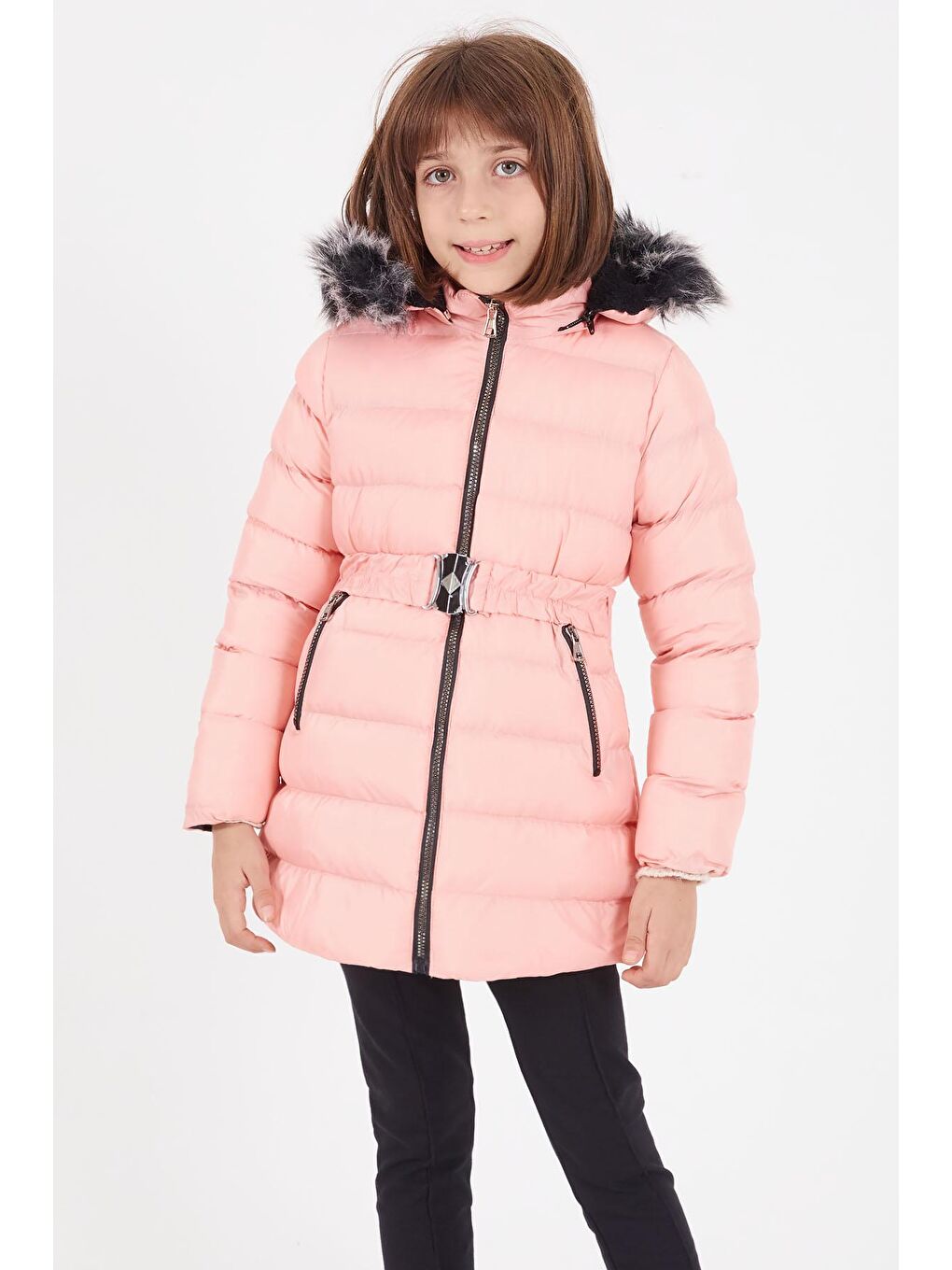 Kız Çocuk Kemerli Şişme Mont Açık Pembe 16409-1