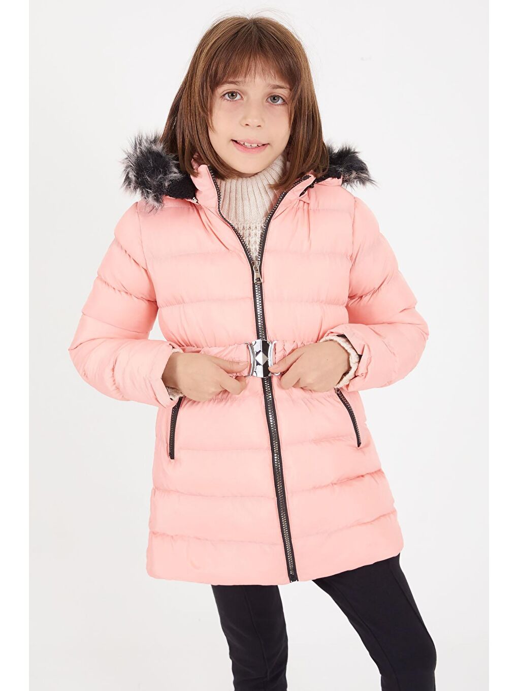 Kız Çocuk Kemerli Şişme Mont Açık Pembe 16409-2