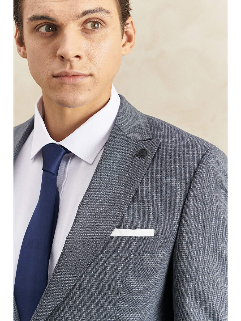 Erkek Lacivert-Gri Ekstra Slim Fit Kırlangıç Yaka Kareli Klasik Takım Elbise-3