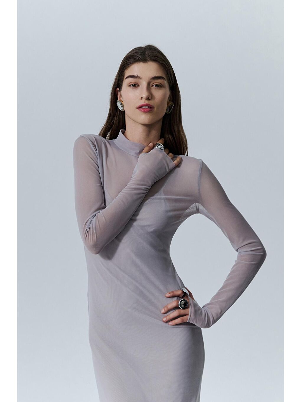 Hakim Yaka Uzun Tül Elbise Gri-3