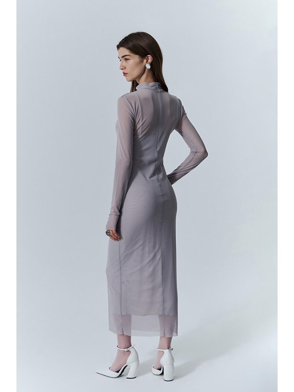 Hakim Yaka Uzun Tül Elbise Gri-4