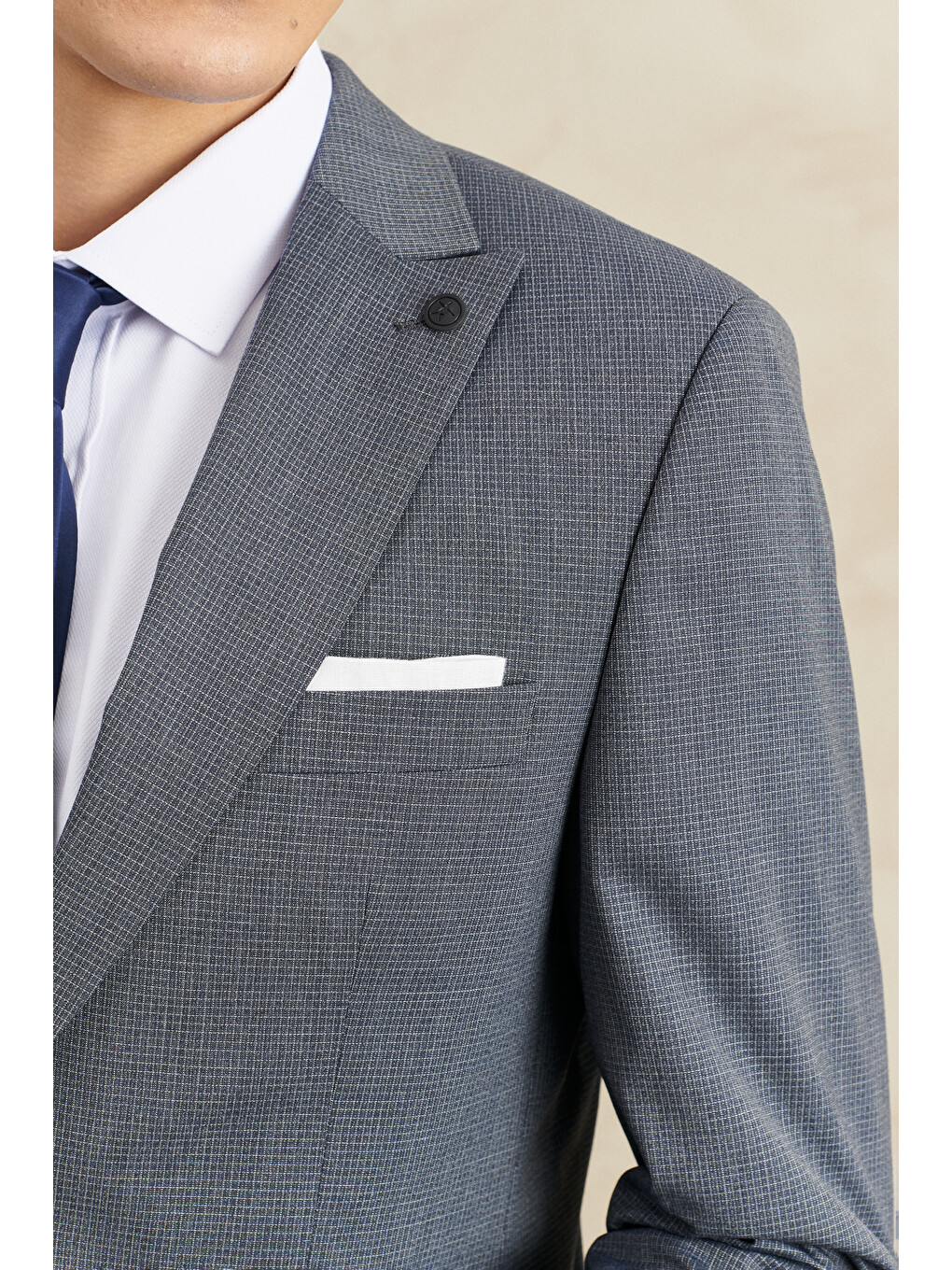 Erkek Lacivert-Gri Ekstra Slim Fit Kırlangıç Yaka Kareli Klasik Takım Elbise-4