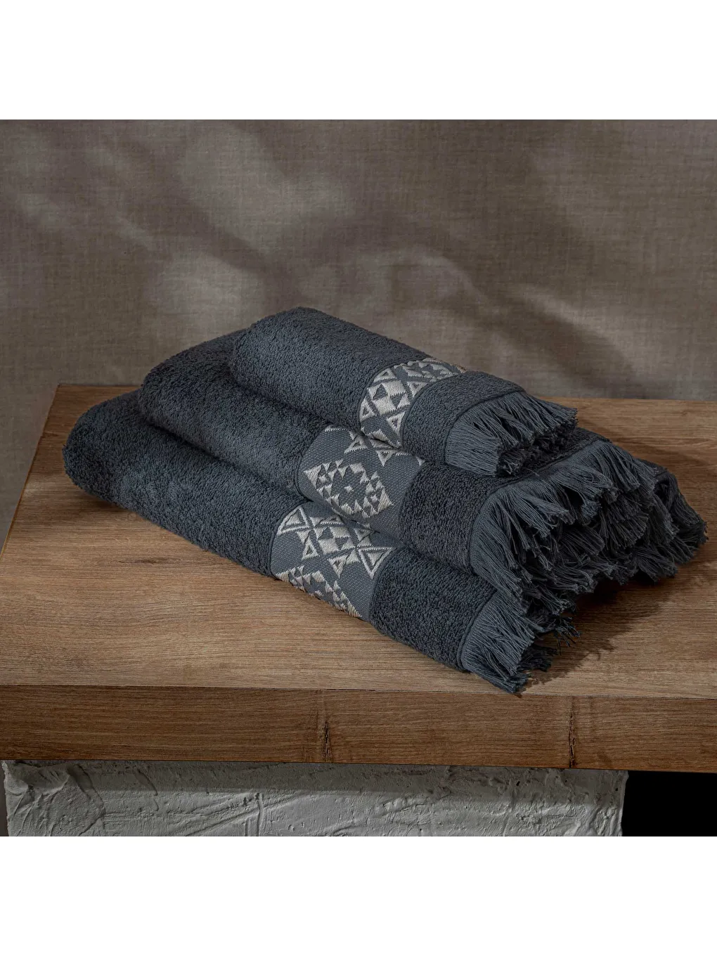 Hereke 3'lü Havlu Seti %100 Pamuk Jakarlı Antrasit-2
