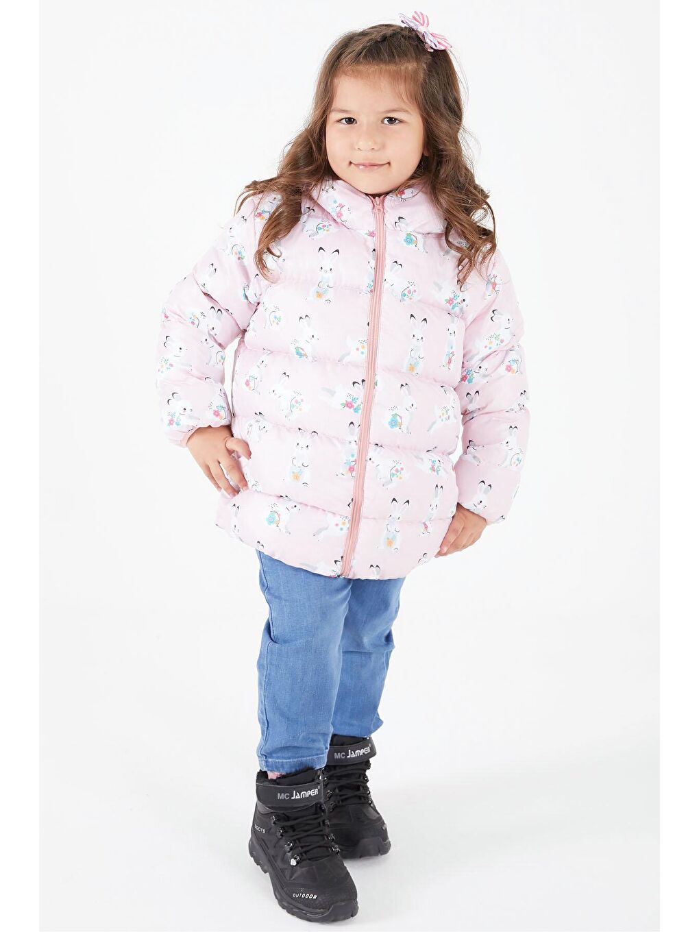 Beyaz Kız Çocuk Mont Karakter Baskılı Pudra 15610