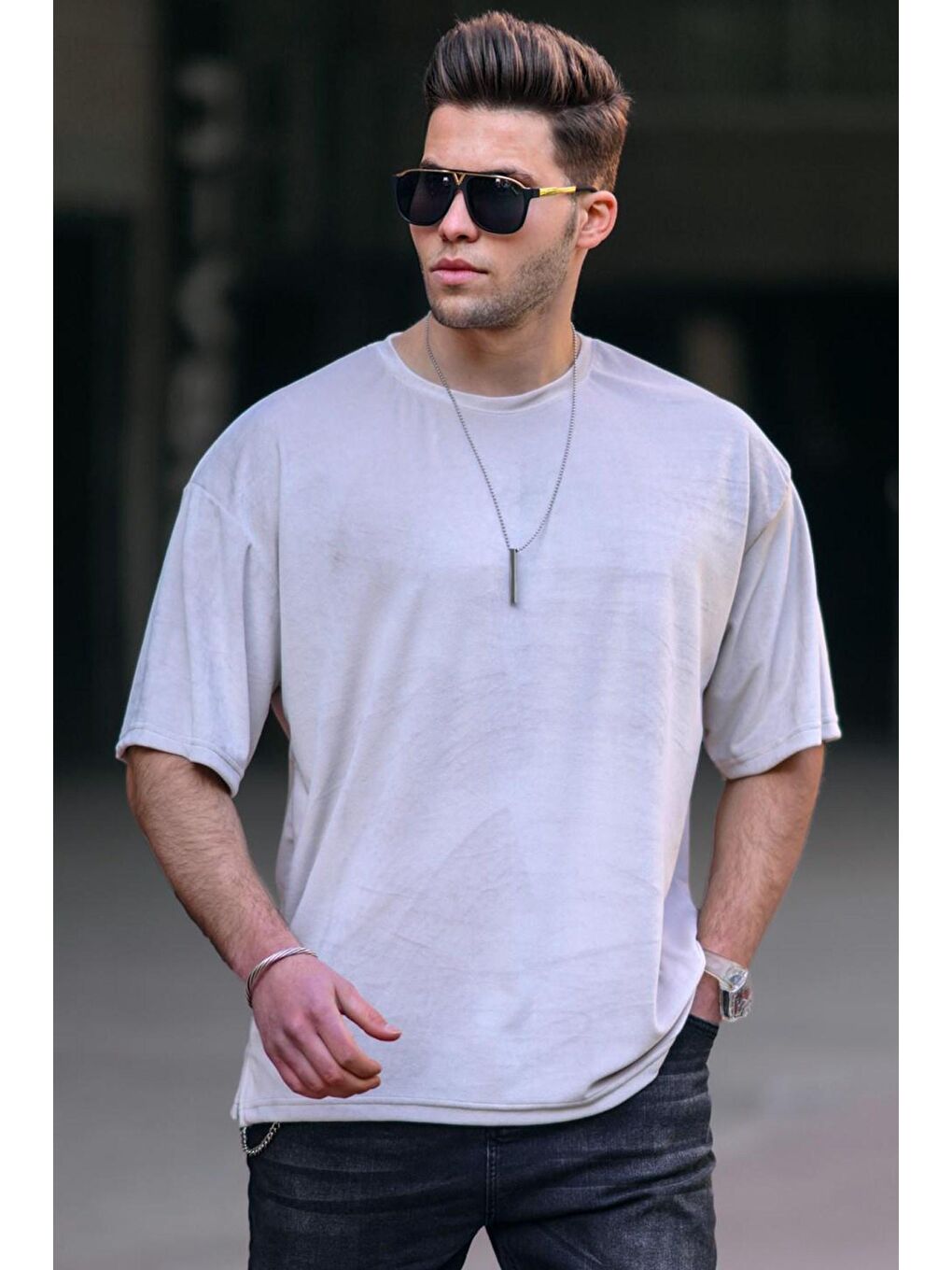 Beyaz Kadife Erkek Tişört 4985