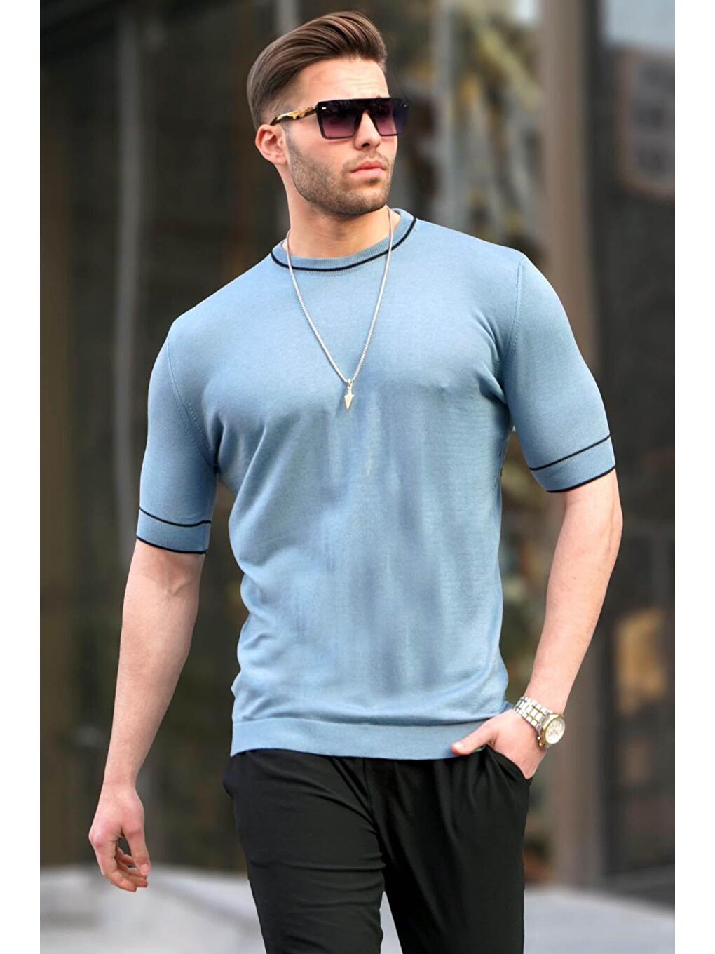 Erkek Mavi Triko Tişört 5080