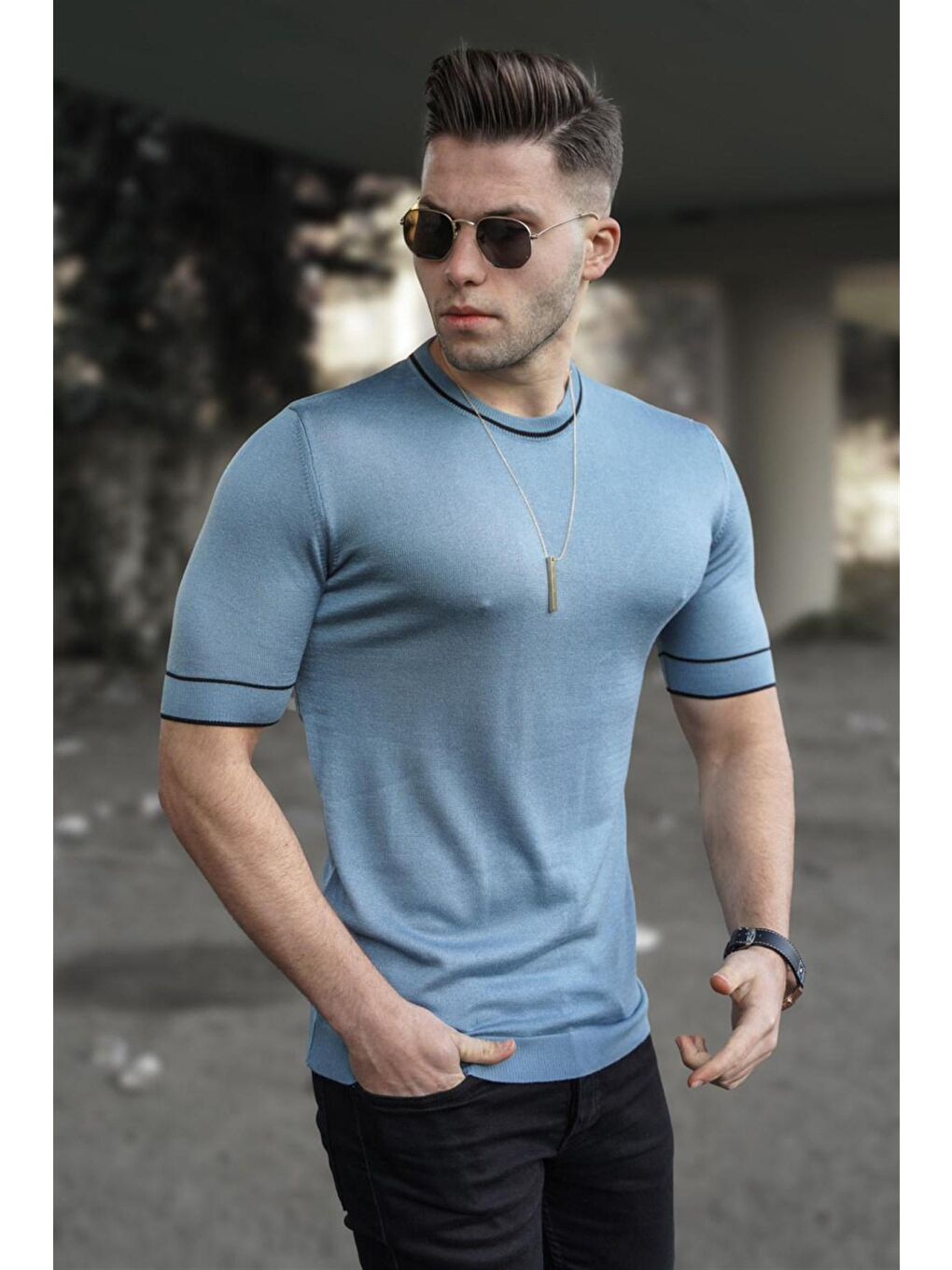 Erkek Mavi Triko Tişört 5080-1