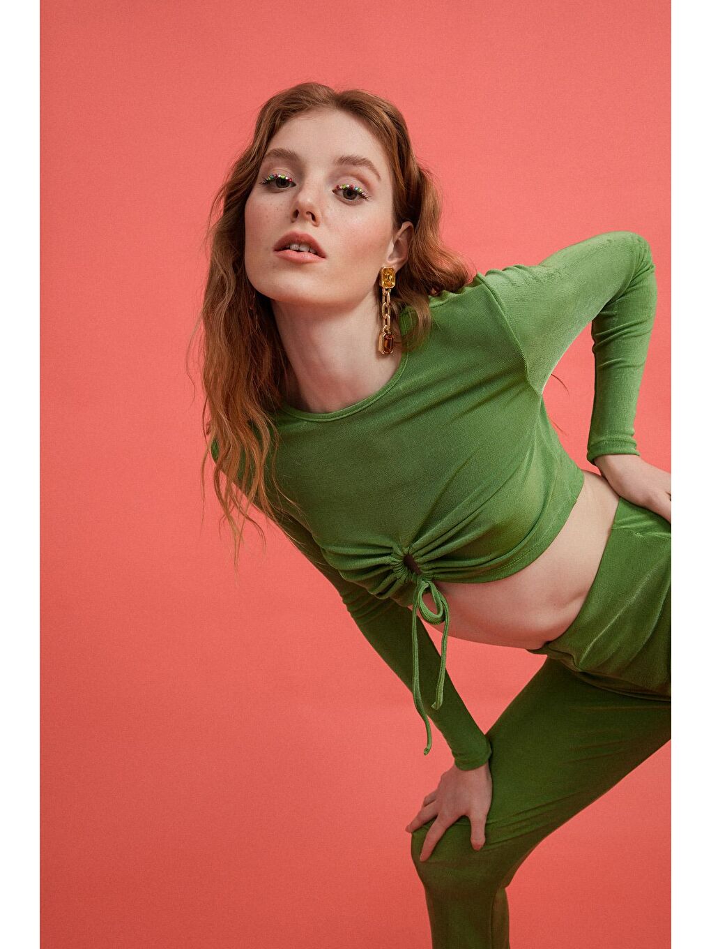 Dekolte Detaylı Crop Bluz Yeşil