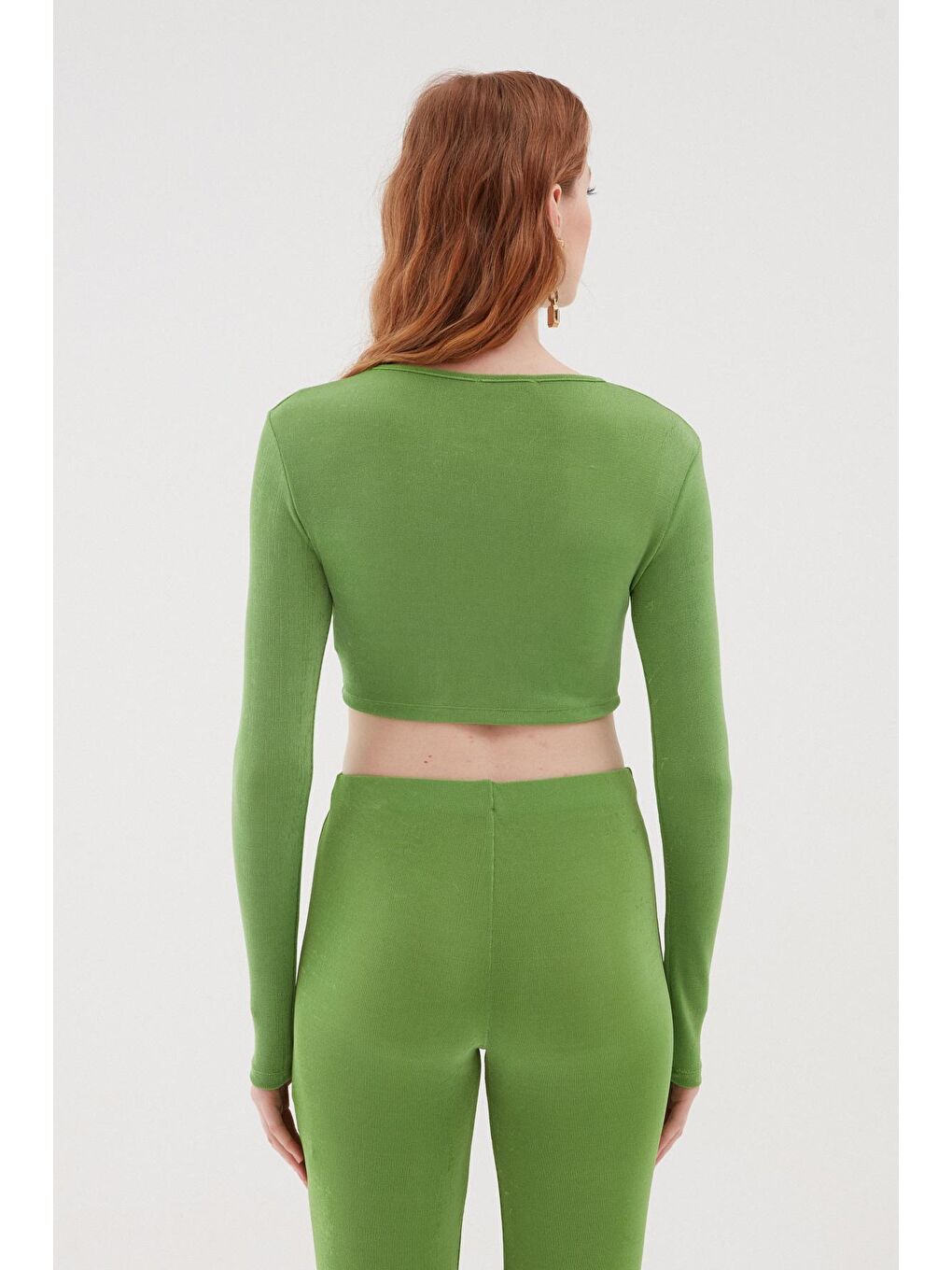 Dekolte Detaylı Crop Bluz Yeşil-4