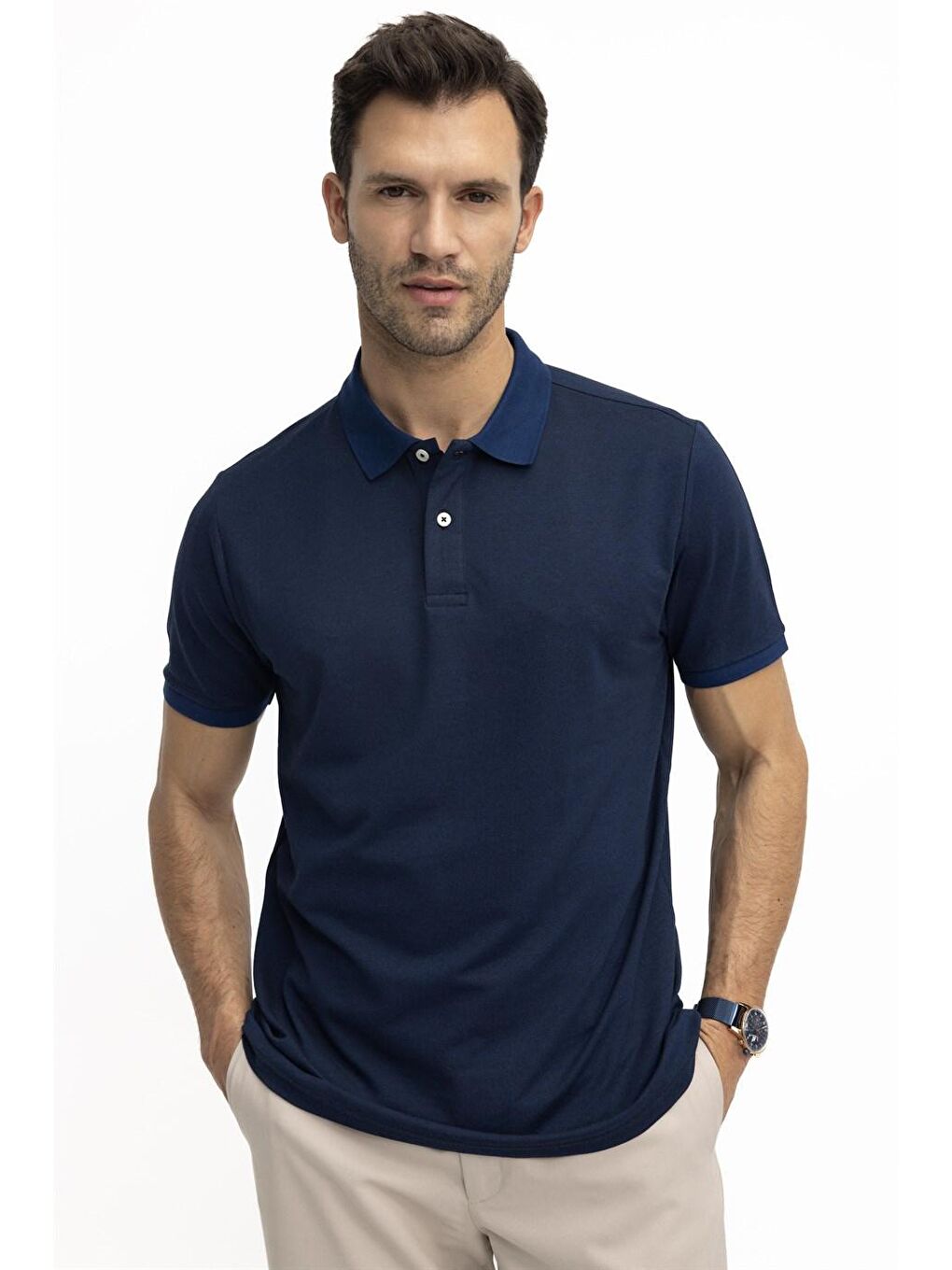 Erkek Klasik Fit Pamuklu Düz Pike Lacivert Polo Yaka Tişört