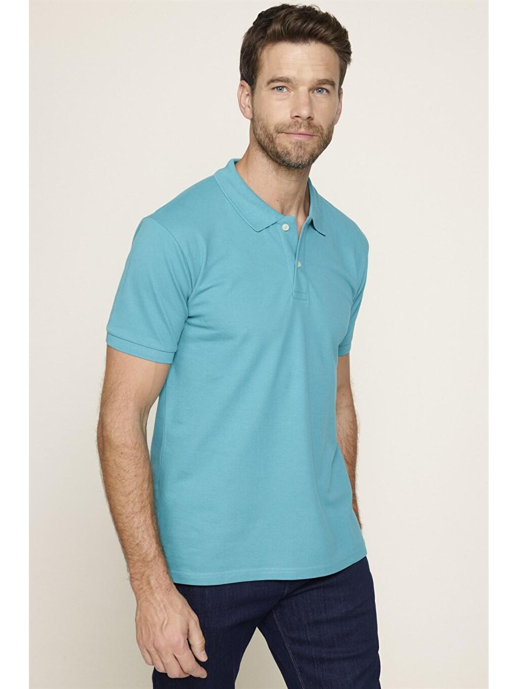 Erkek Polo Yaka Slim Fit Düz Pamuk Pike Turkuaz Tişört