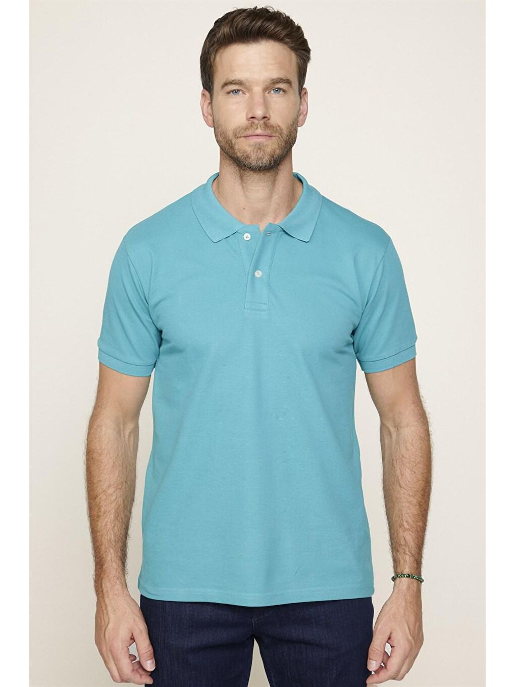 Erkek Polo Yaka Slim Fit Düz Pamuk Pike Turkuaz Tişört-1
