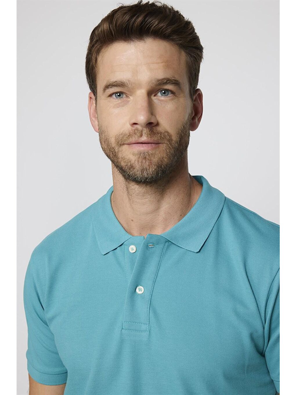 Erkek Polo Yaka Slim Fit Düz Pamuk Pike Turkuaz Tişört-2