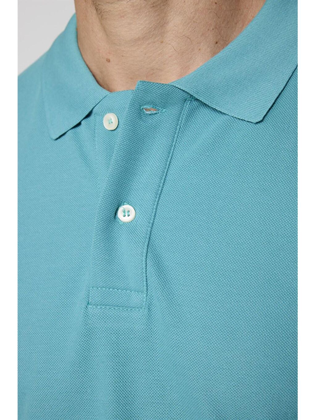 Erkek Polo Yaka Slim Fit Düz Pamuk Pike Turkuaz Tişört-3