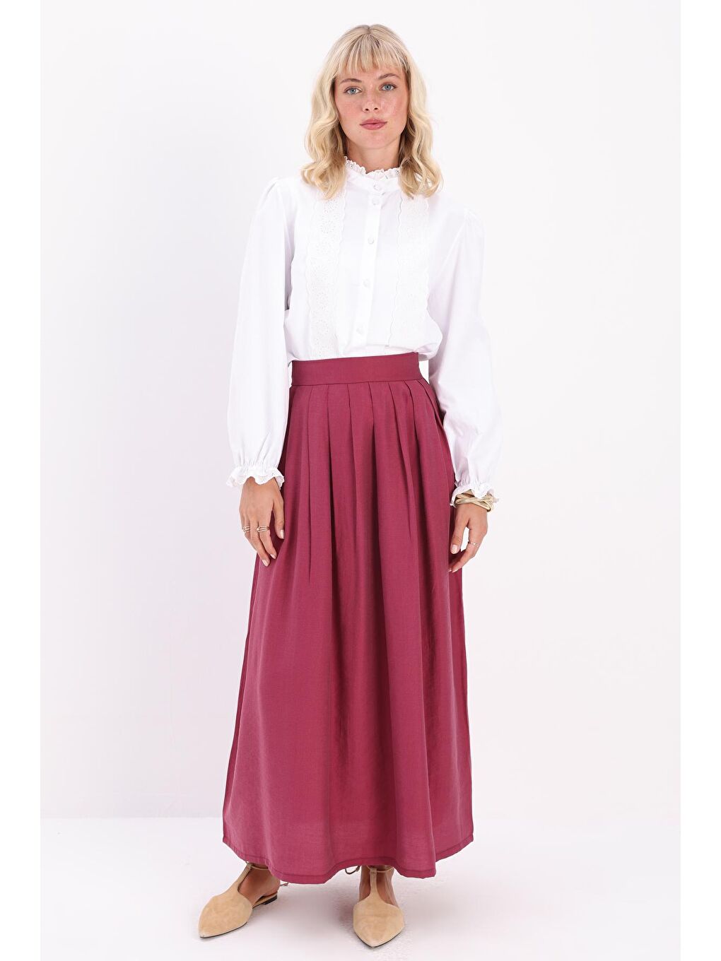 Bordo Vişne Pileli Kloş Etek-1