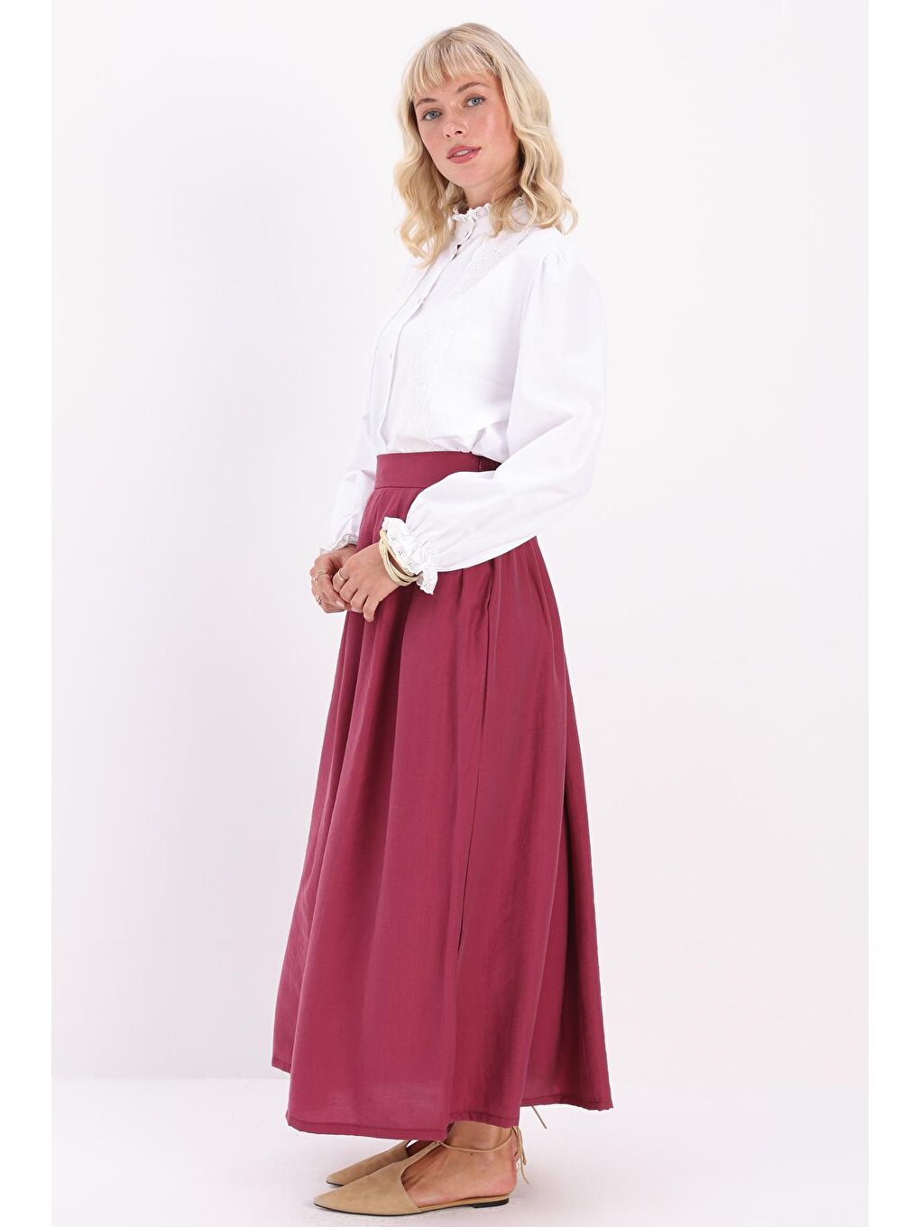 Bordo Vişne Pileli Kloş Etek-2