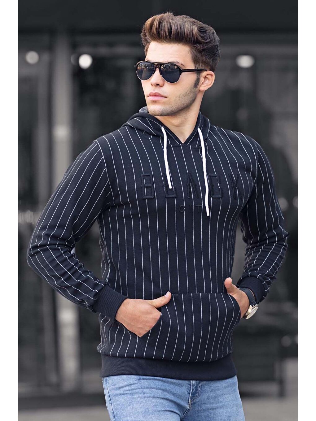 Baskılı Siyah kapüşonlu Sweatshirt 4132