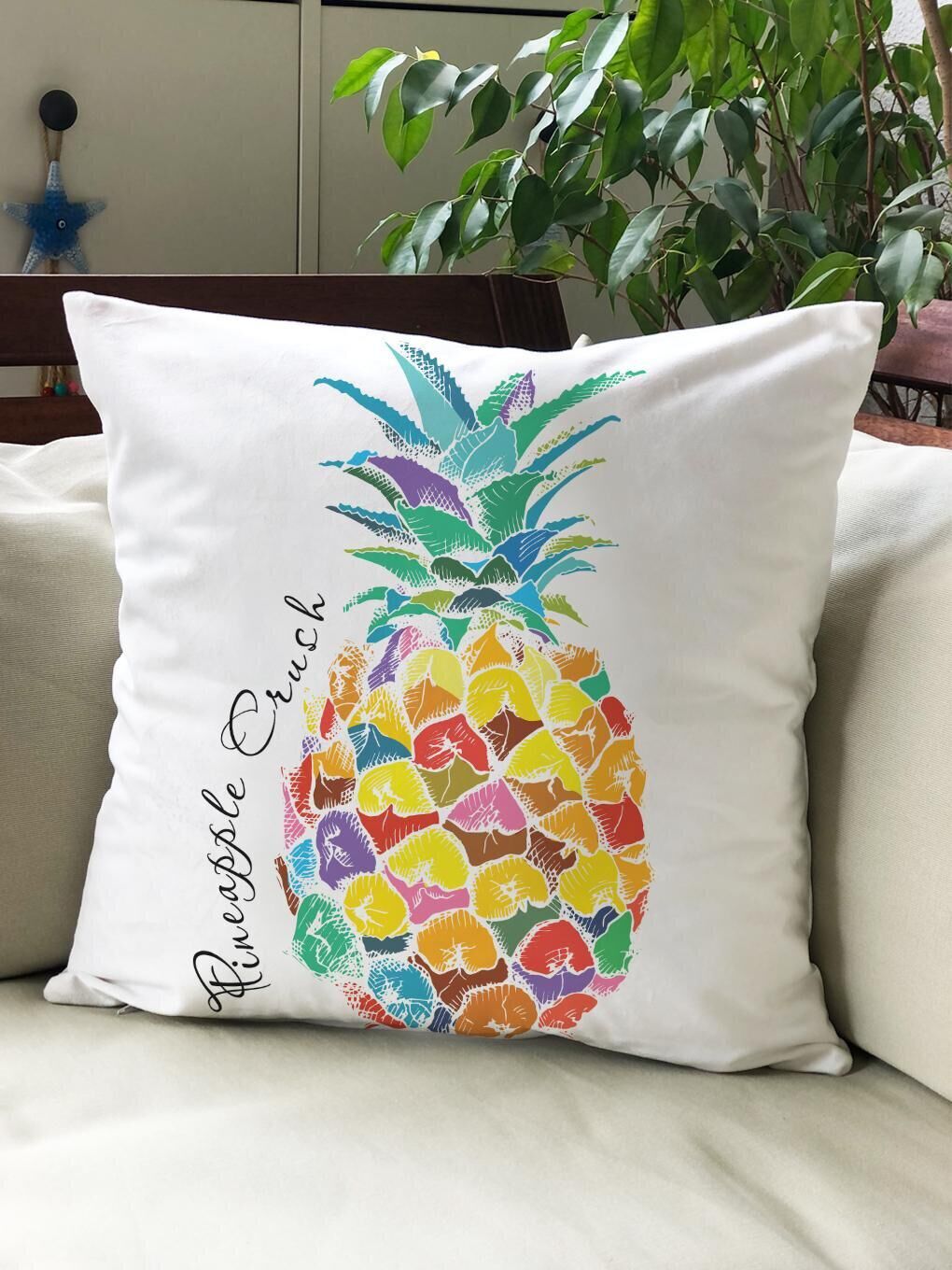 EVMİLA Karışık Kadife Doku Çift Taraf Baskılı Ananas Desen 43x43 cm Tekli Kırlent Kılıfı