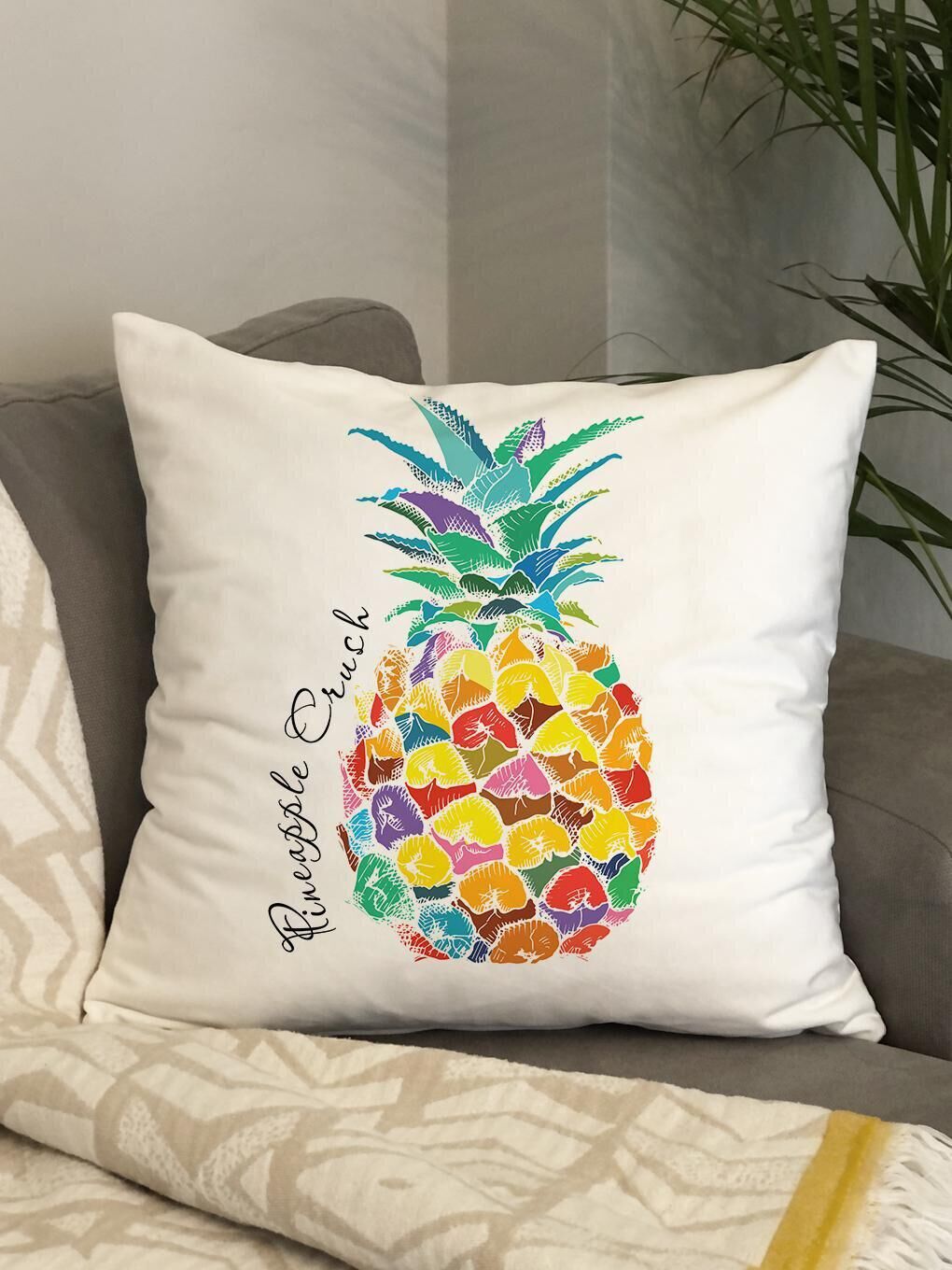 EVMİLA Karışık Kadife Doku Çift Taraf Baskılı Ananas Desen 43x43 cm Tekli Kırlent Kılıfı - 3