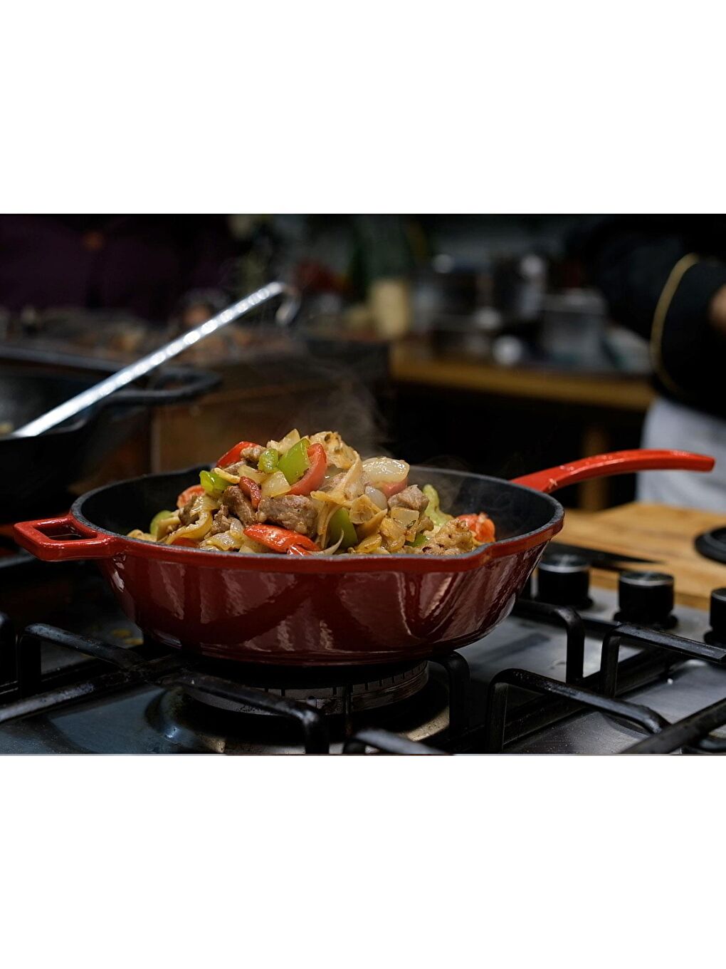 Kırmızı Yuvarlak Kızartma Tavası Döküm Demir Yekpare Saplı. Çap(Ø)24cm.-3