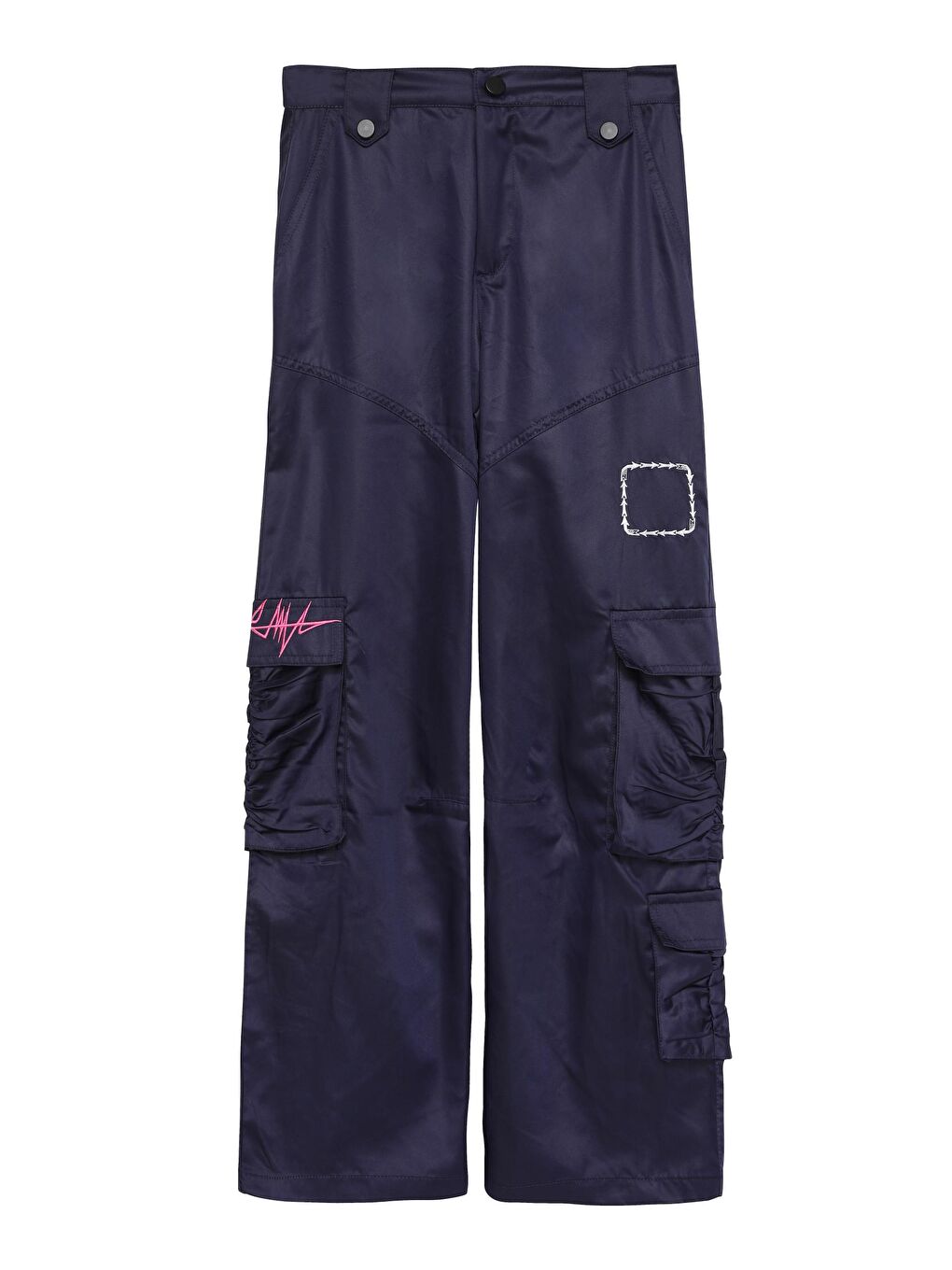 Nakış Detaylı Cepli Yüksek Bel Pantolon Lacivert-1