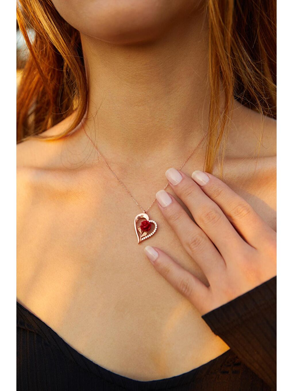 Kahverengi Kadın Rose Kaplama 925 Ayar Gümüş Kırmızı Gül Kalp Kolye-2