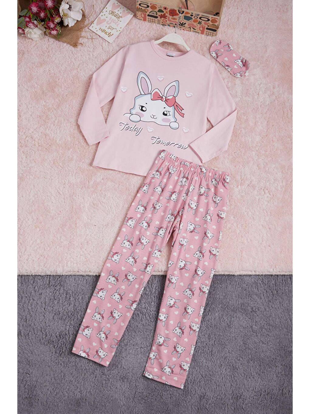 Pijakids Pembe Tavşan Baskılı Yazılı Kız Çocuk Pijama Takımı 16338