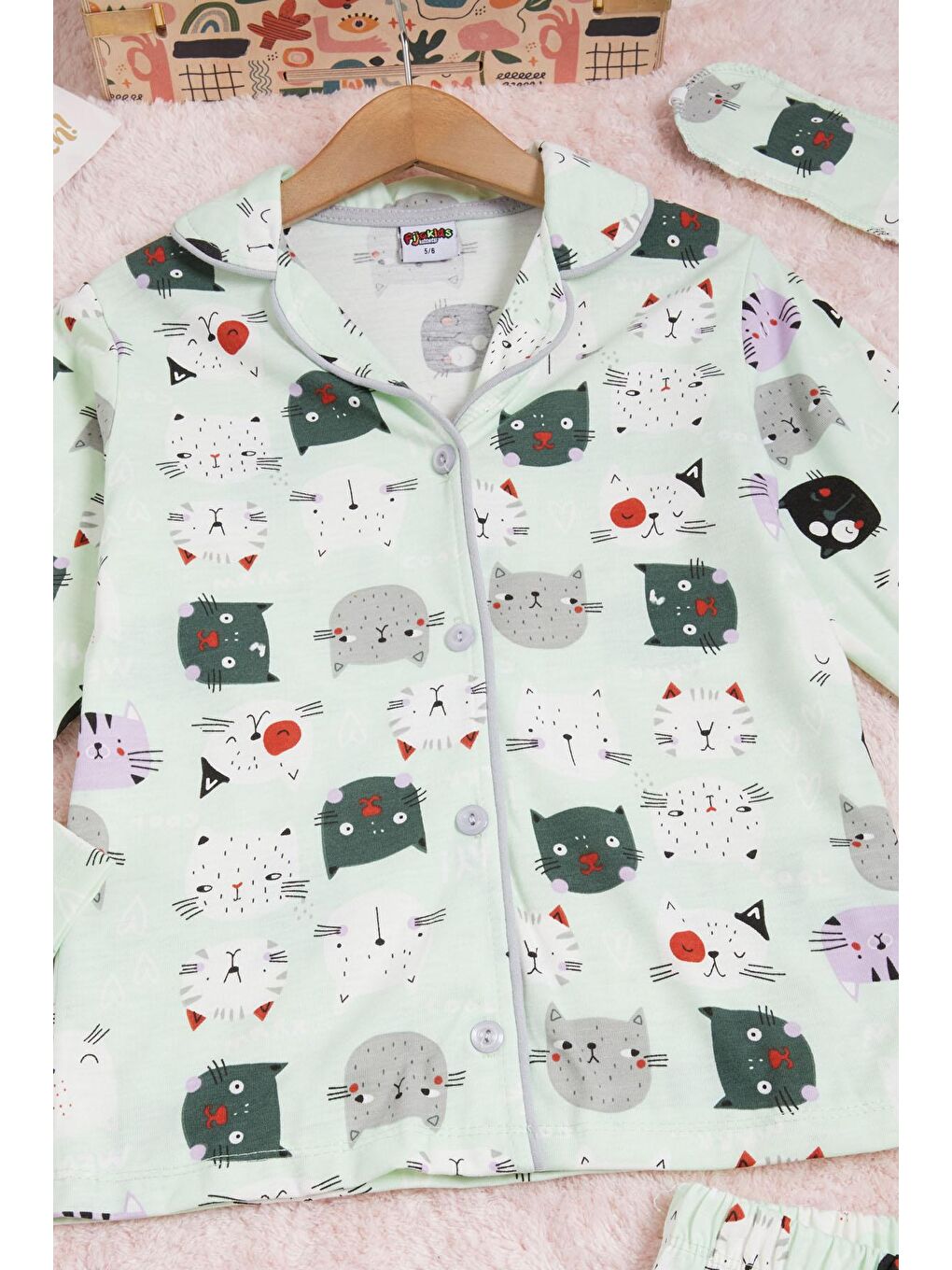 Pijakids Yeşil Kedi Desenli Kız Çocuk Pijama Takımı 16326 - 1