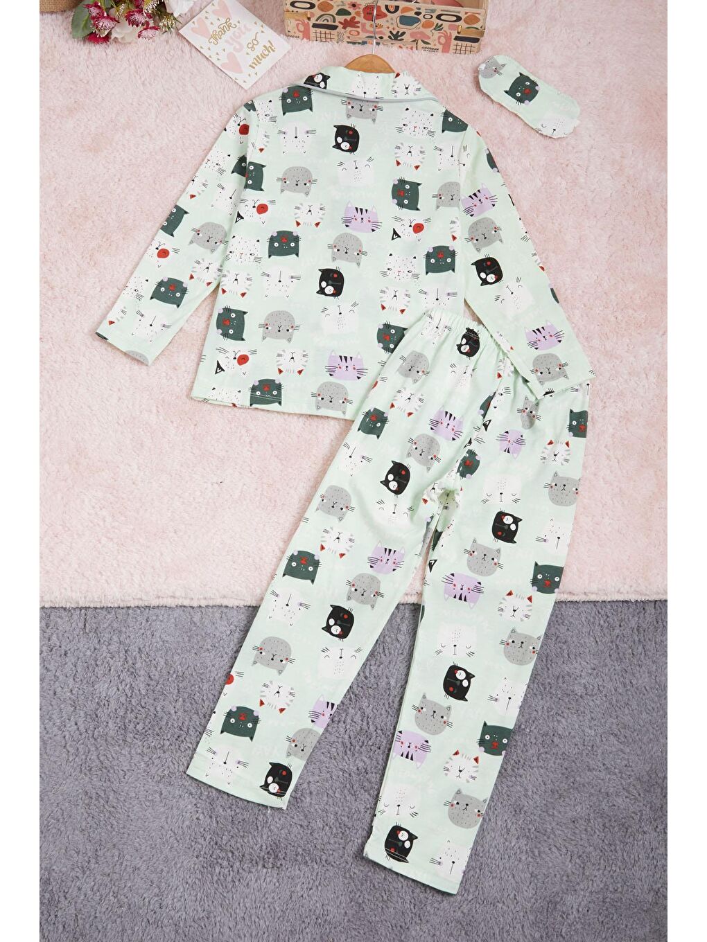 Pijakids Yeşil Kedi Desenli Kız Çocuk Pijama Takımı 16326 - 3