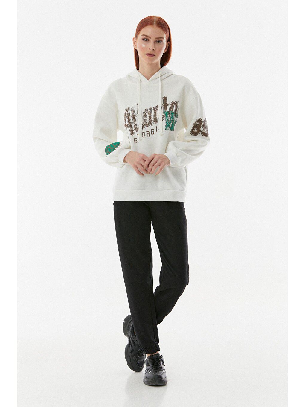 Ekru Atlanta Baskılı Kapüşonlu Oversize Sweatshirt-1