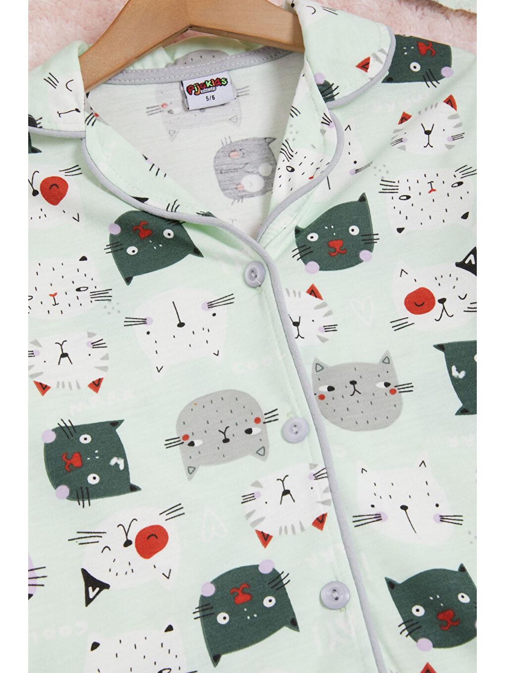 Pijakids Yeşil Kedi Desenli Kız Çocuk Pijama Takımı 16326 - 4