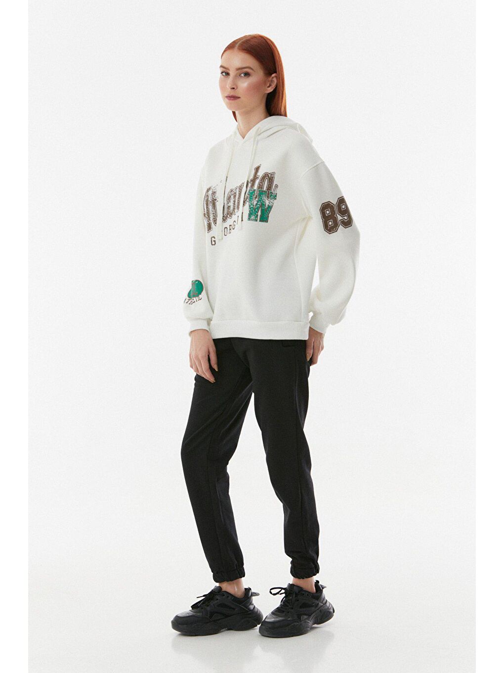 Ekru Atlanta Baskılı Kapüşonlu Oversize Sweatshirt-2
