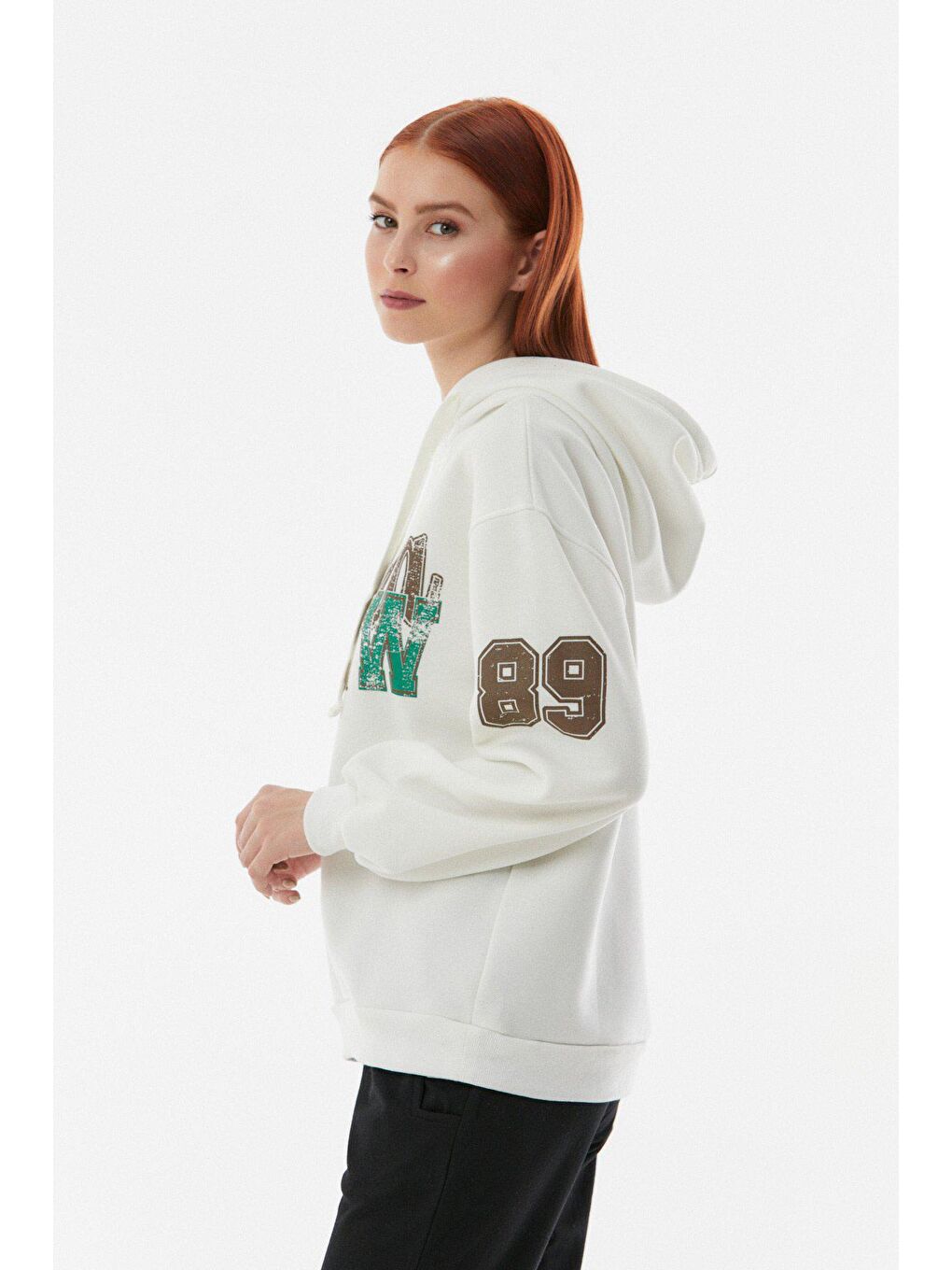Ekru Atlanta Baskılı Kapüşonlu Oversize Sweatshirt-3