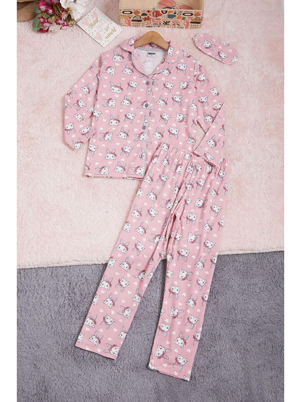 Pijakids Pembe Kalpli Tavşan Baskılı Kız Çocuk Pijama Takımı 16339