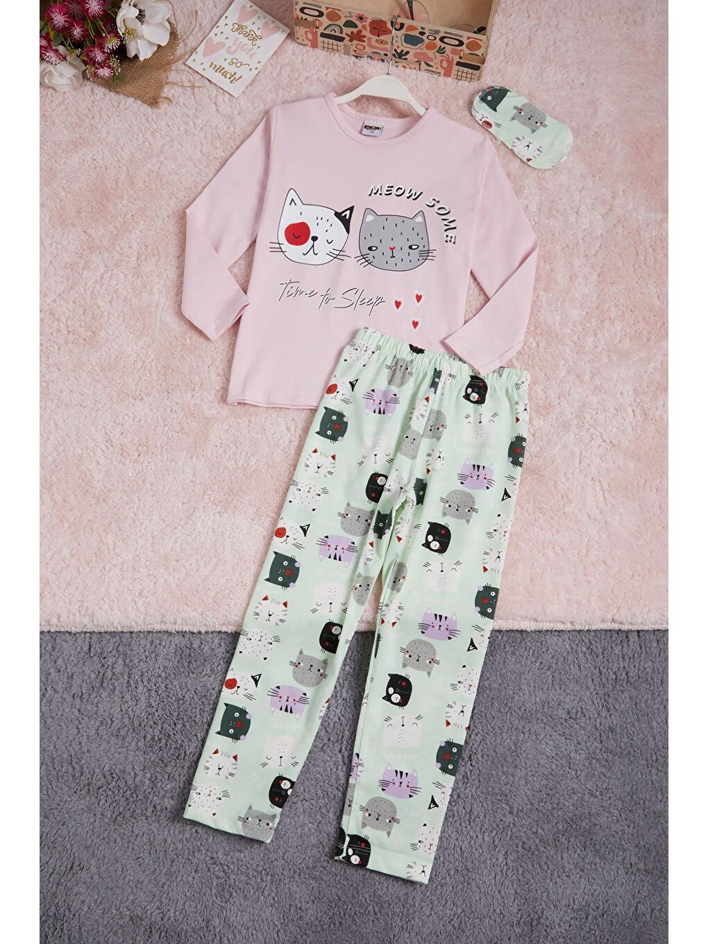 Pijakids Pembe Meow Kedi Baskı Kız Çocuk Pijama Takımı 16340