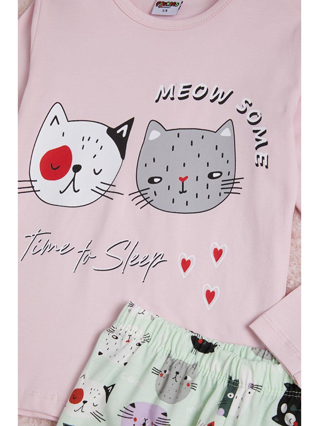 Pijakids Pembe Meow Kedi Baskı Kız Çocuk Pijama Takımı 16340 - 1