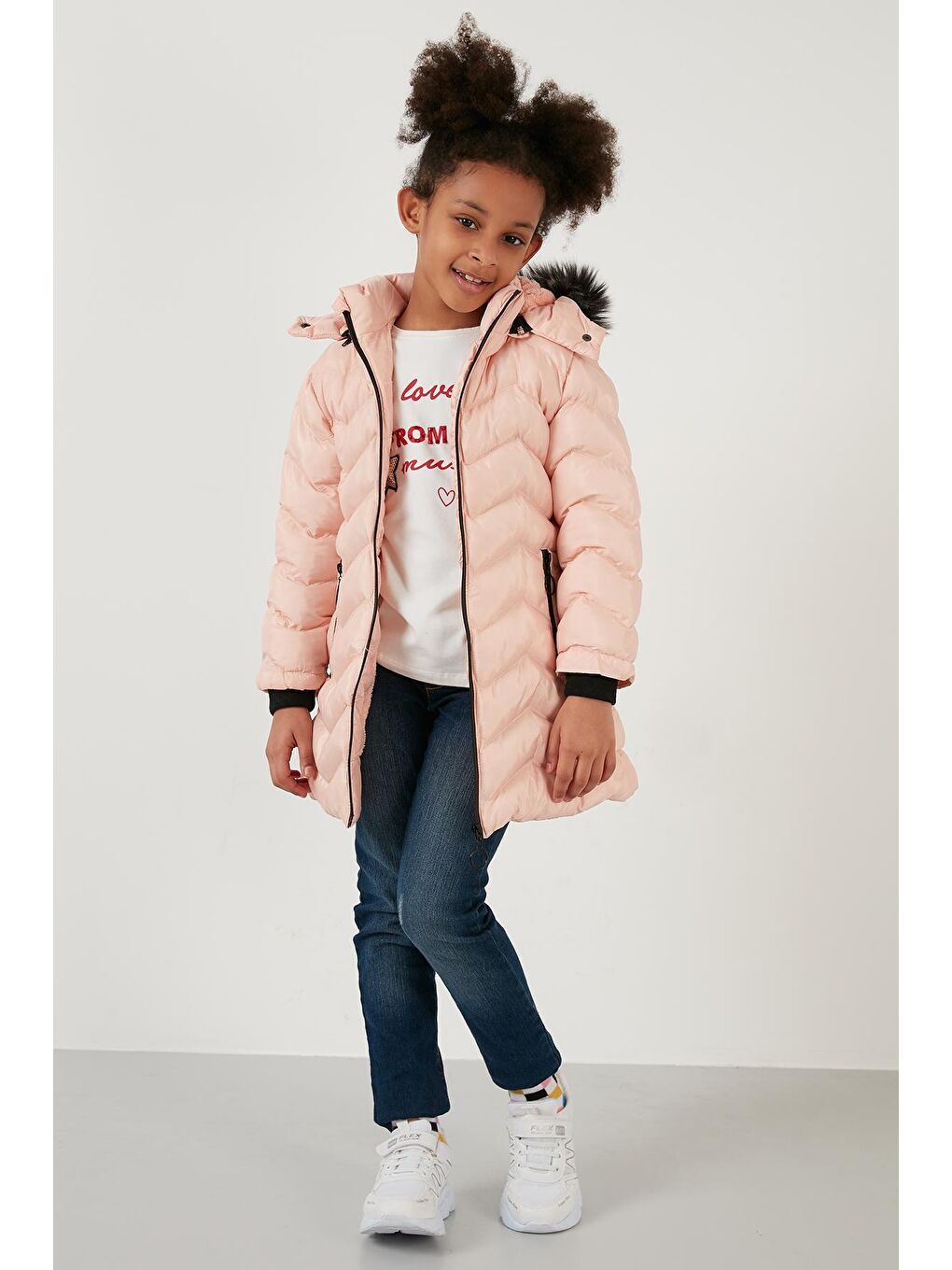 Pembe Pelüş Astarlı Yakası Suni Kürklü Çıkarılabilir Kapüşonlu Kışlık Kız Çocuk Mont 5766041